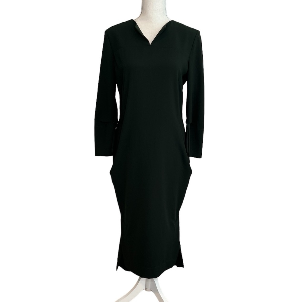 Malia Mills Dark Green Midi Shift Dress 6 Lagenlook 3/4 Sleeves Pockets Solid